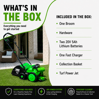 (SHIPS LATE JUNE) - Turf Power Sweep™ MAX + Turf Power Jet™ | 40V Cordless Artificial Turf Sweeper & Blower Combo, Lifts Flattened Fibers, Removes Debris & Pet Hair